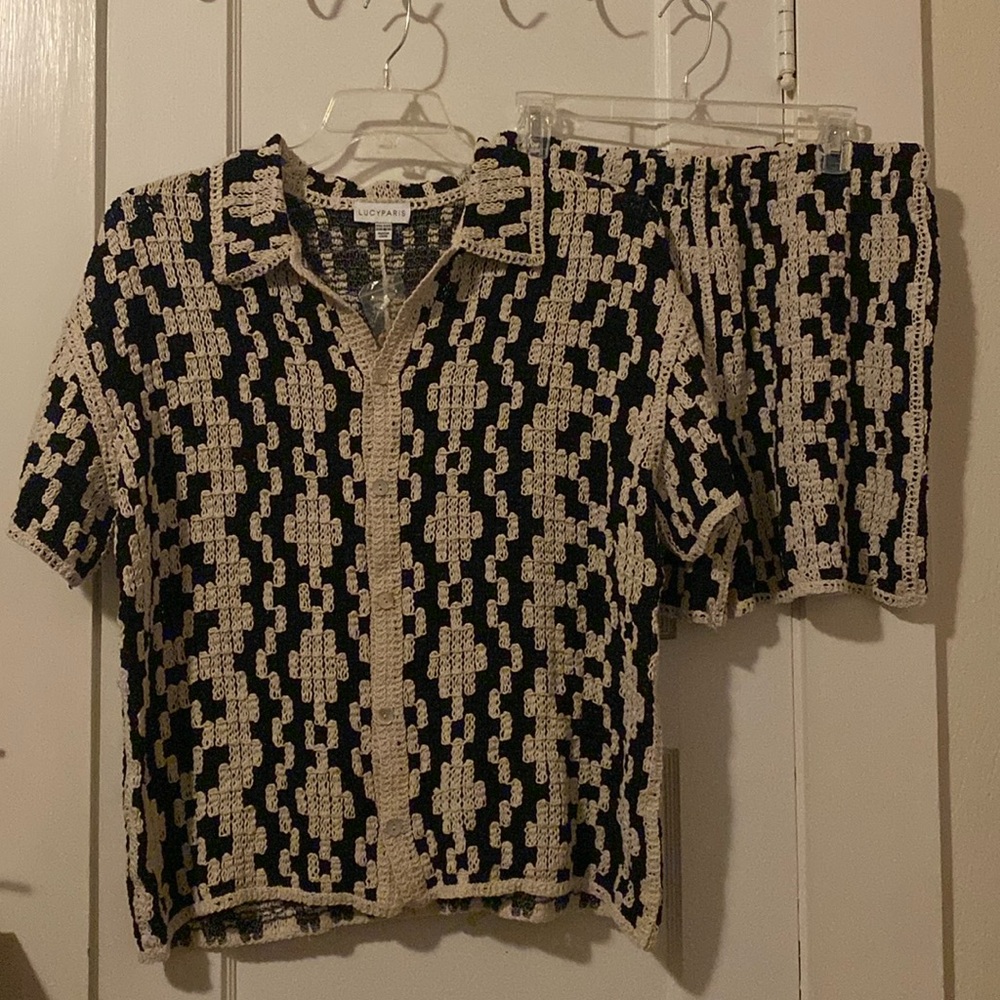 New Lucy Paris Cove Crochet Button Down Black and Cream Crochet Shirt & Shorts